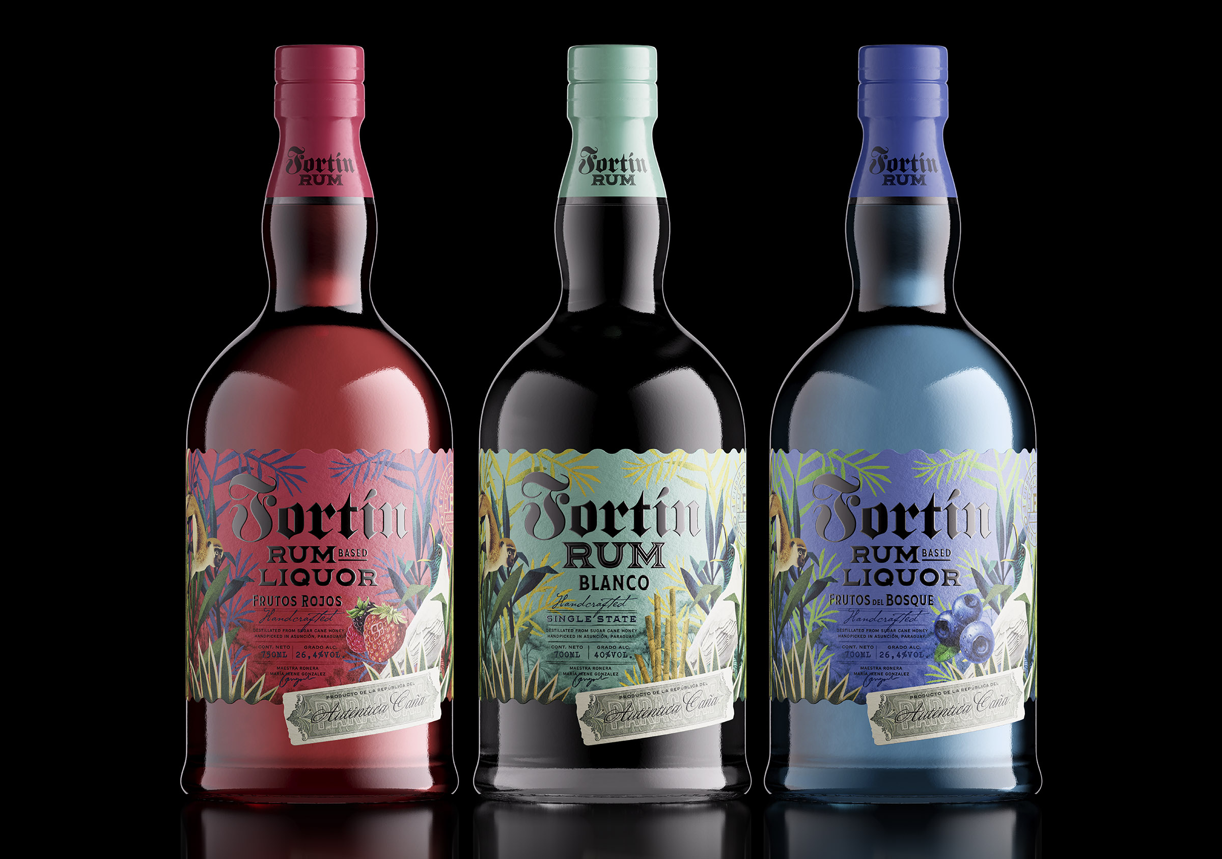 Fortín rum collection packaging design featuring tropical illustrations, handcrafted typography, and colorful premium labels.