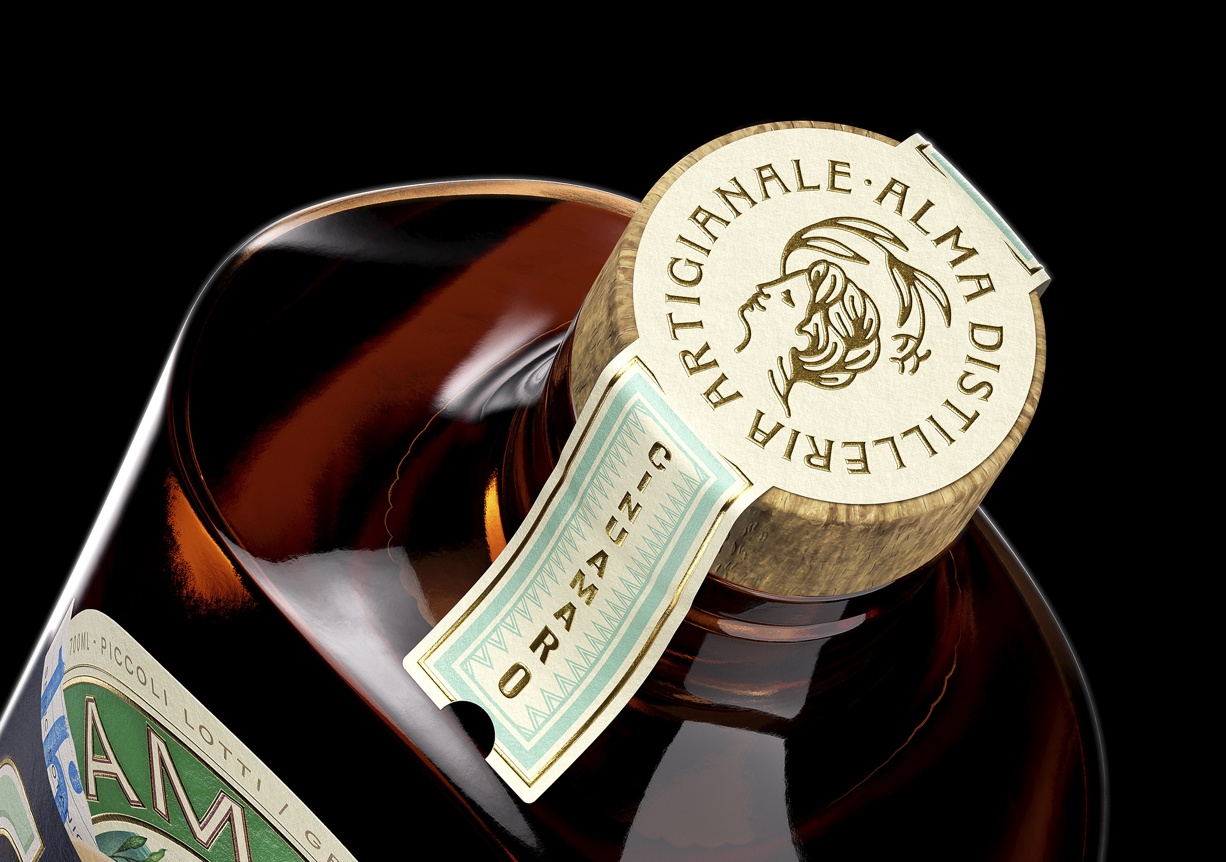 Custom bottle closure and neck label design for premium Italian amaro packaging.