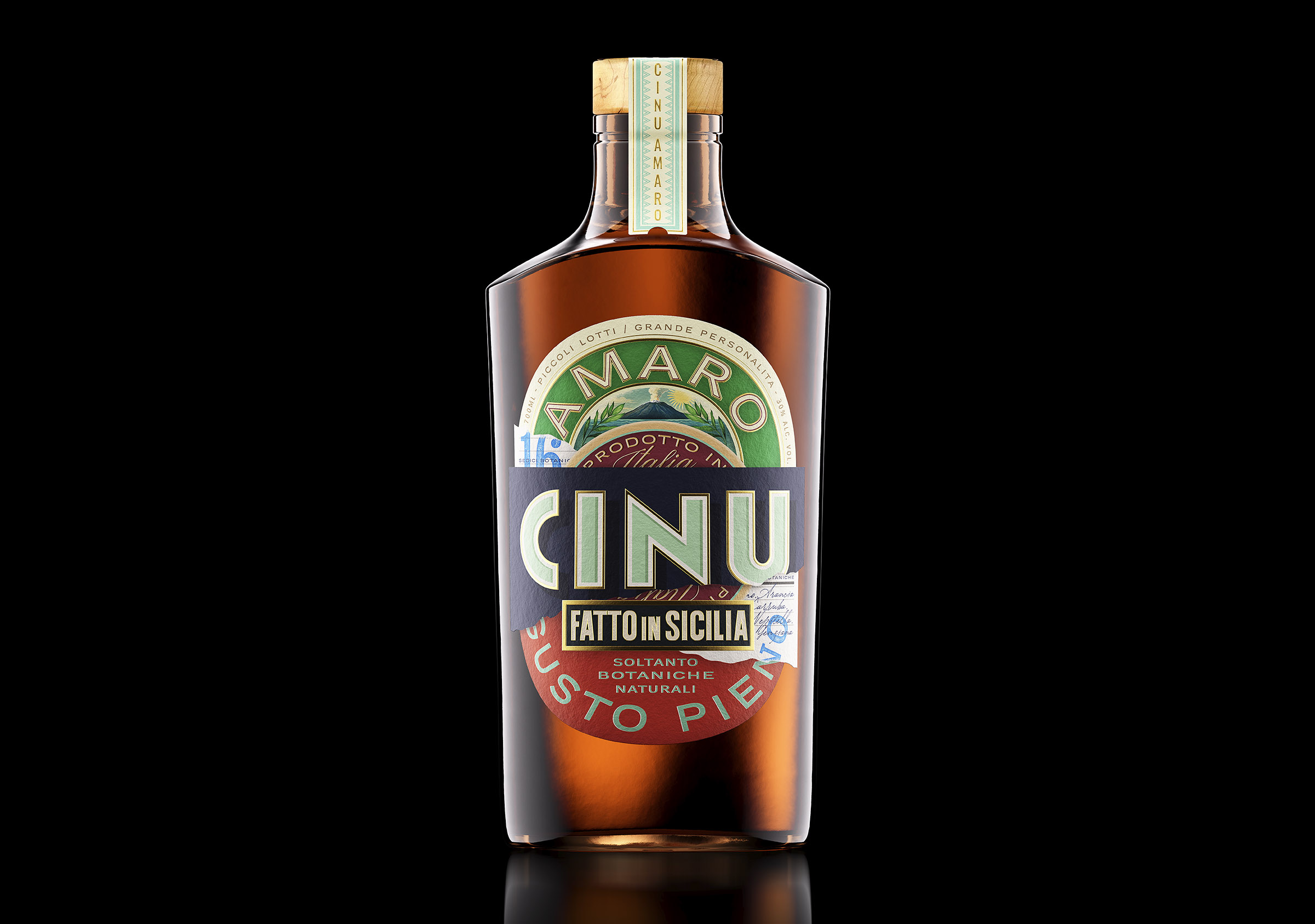 Premium Sicilian amaro bottle packaging design with retro-inspired label and custom spirits branding.