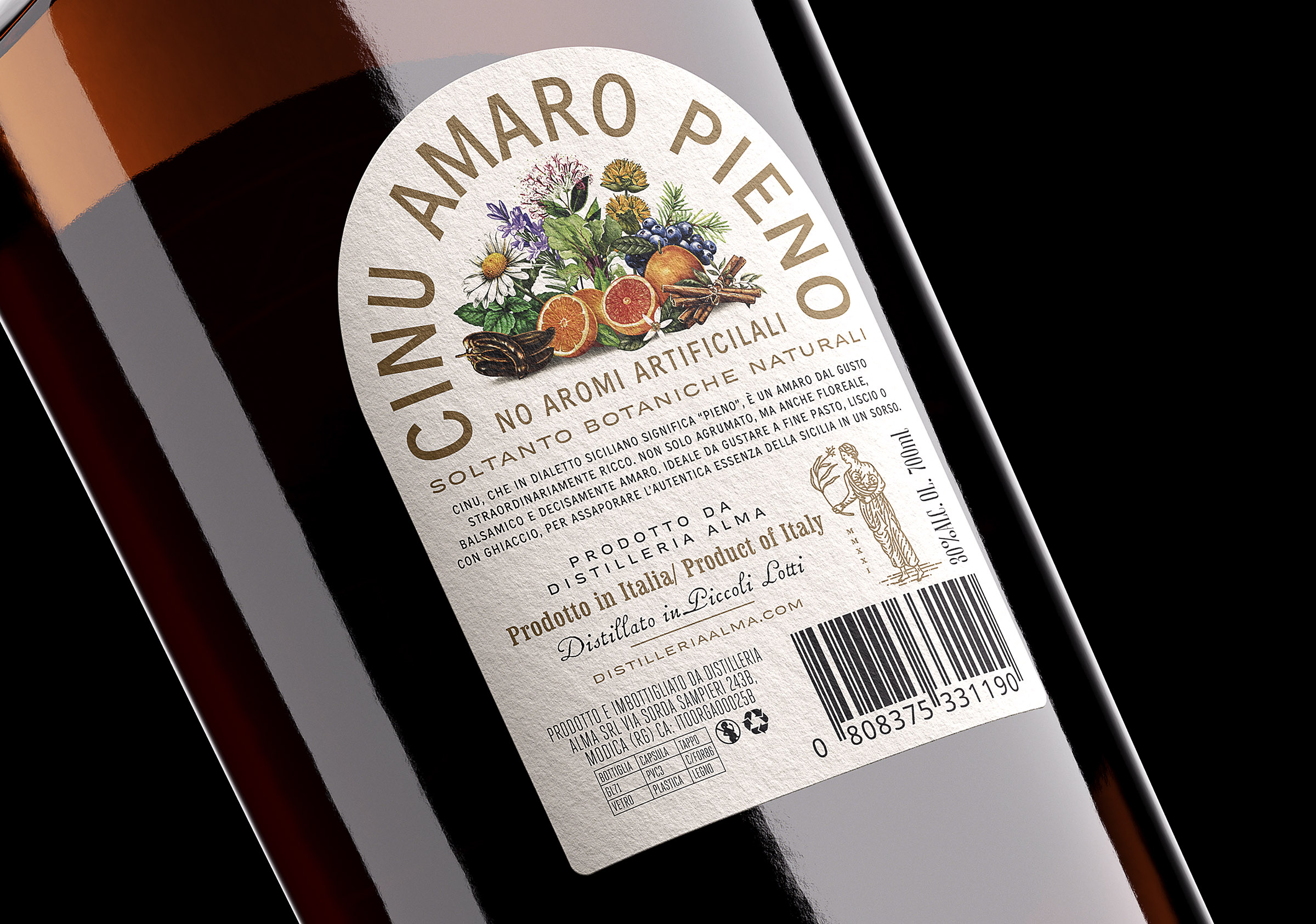 Back label design for premium Italian amaro featuring botanical illustrations and refined typography.