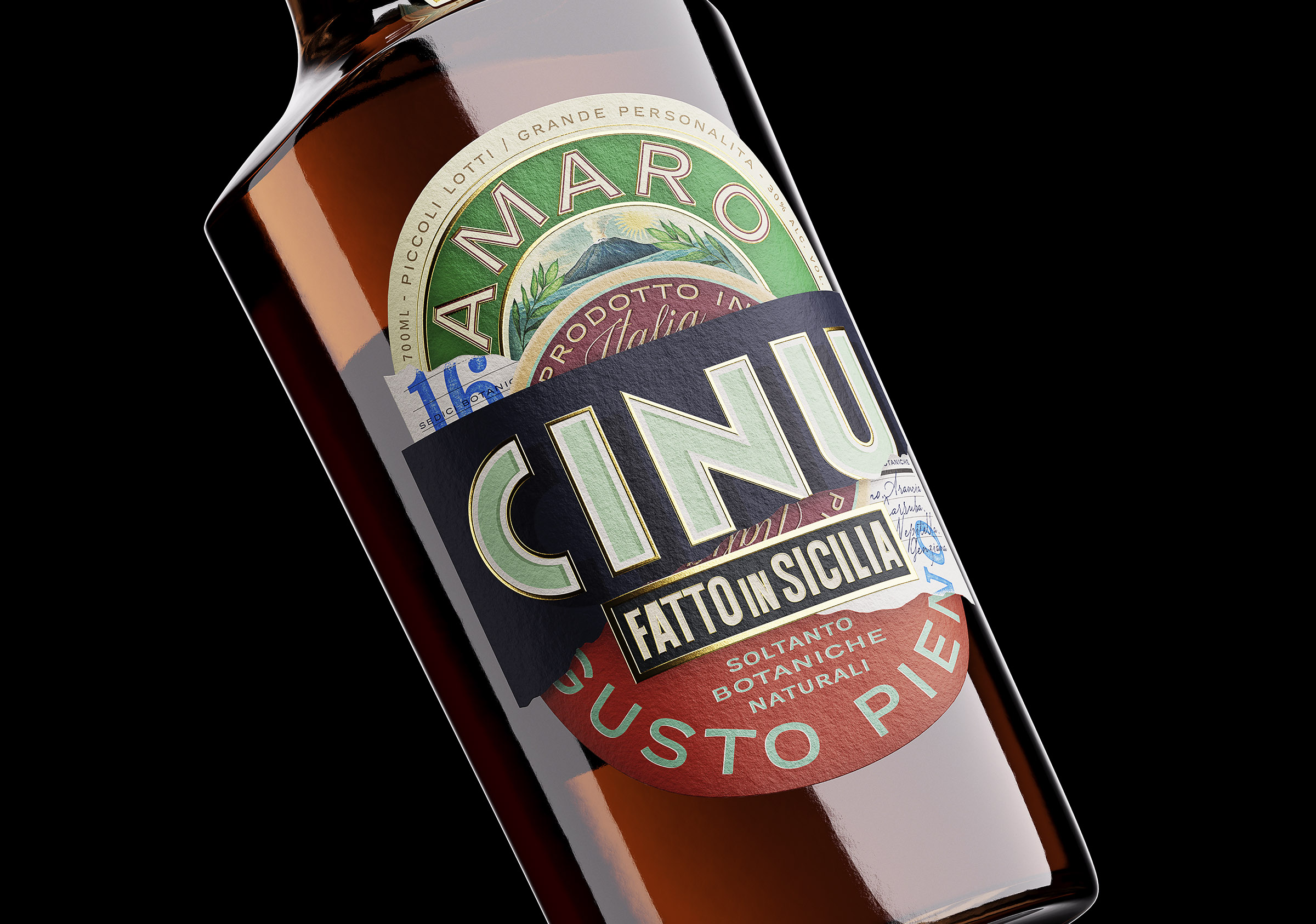 Premium amaro bottle label design with layered typography, embossed details, and vintage Italian-inspired branding.