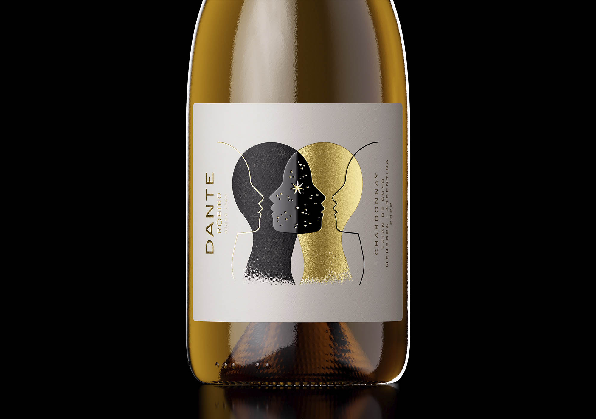Full view of Dante wine bottle with artistic label, photographed on black background for premium wine packaging and label design showcase.
