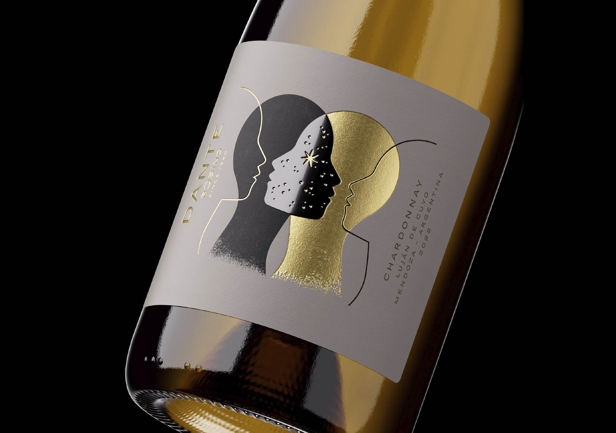 Close-up of Dante wine label showing artistic figures symbolizing cultural fusion, designed by a wine and spirits label design studio.