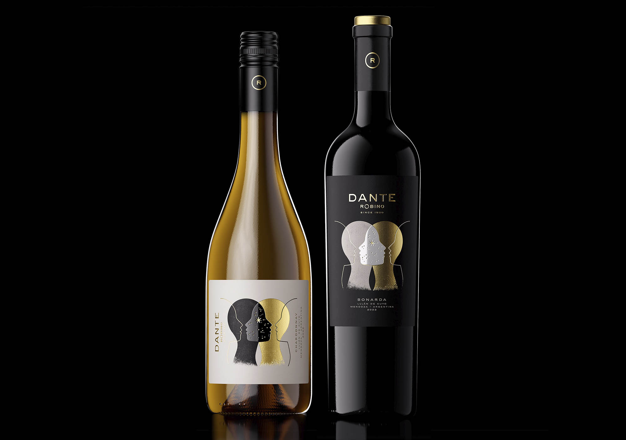 Front-facing image of Dante wine bottle with custom label design, photographed on black background by a wine packaging design studio.
