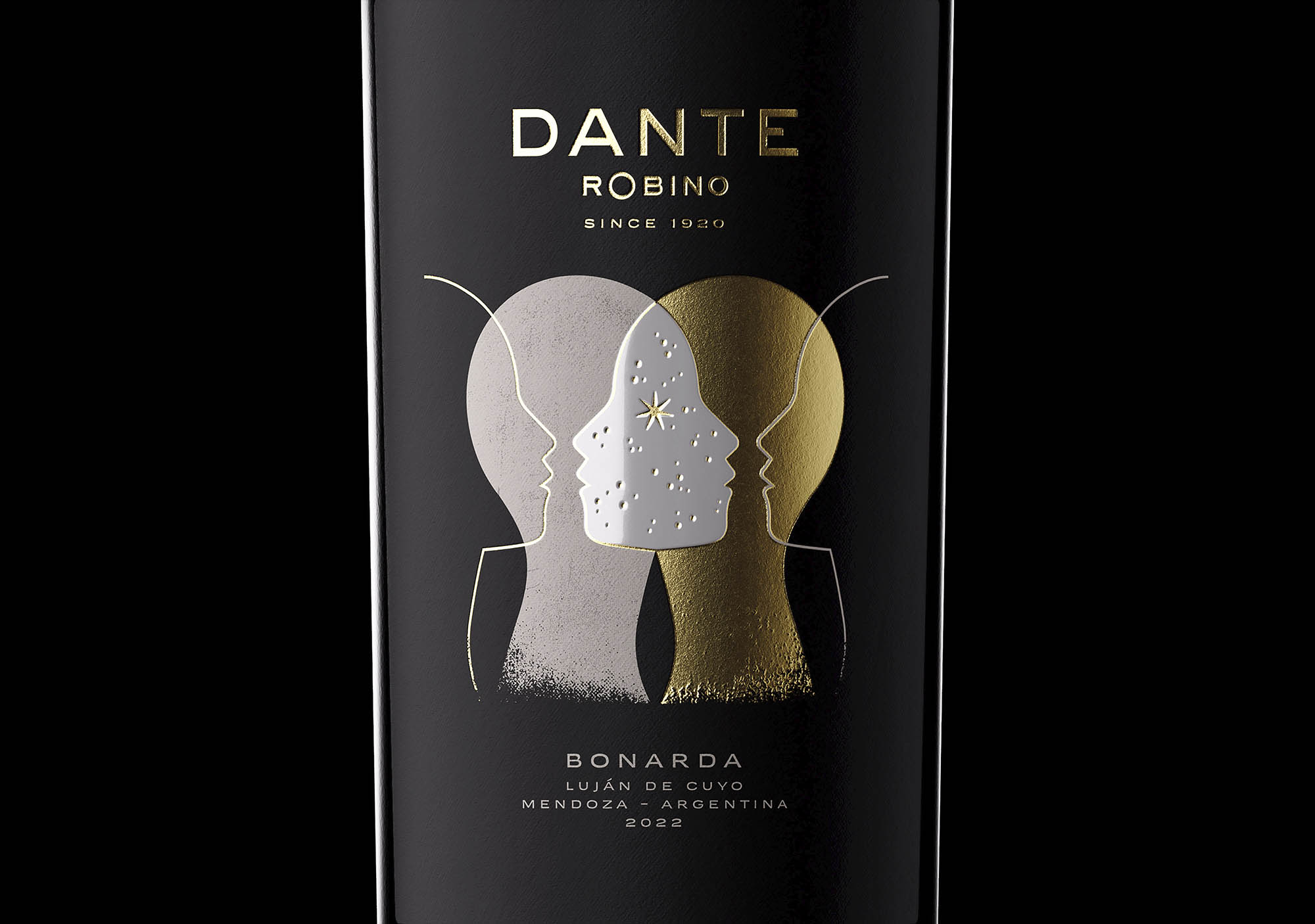 Angled view of Dante wine bottle showing custom label texture and artistic elements on black background.