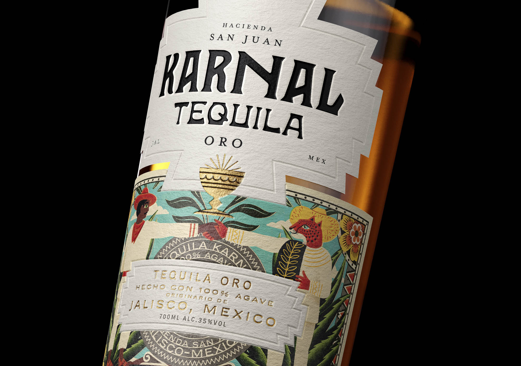 Full bottle of Karnal Tequila on black background with engraved details and vintage label, designed by a spirits packaging studio.