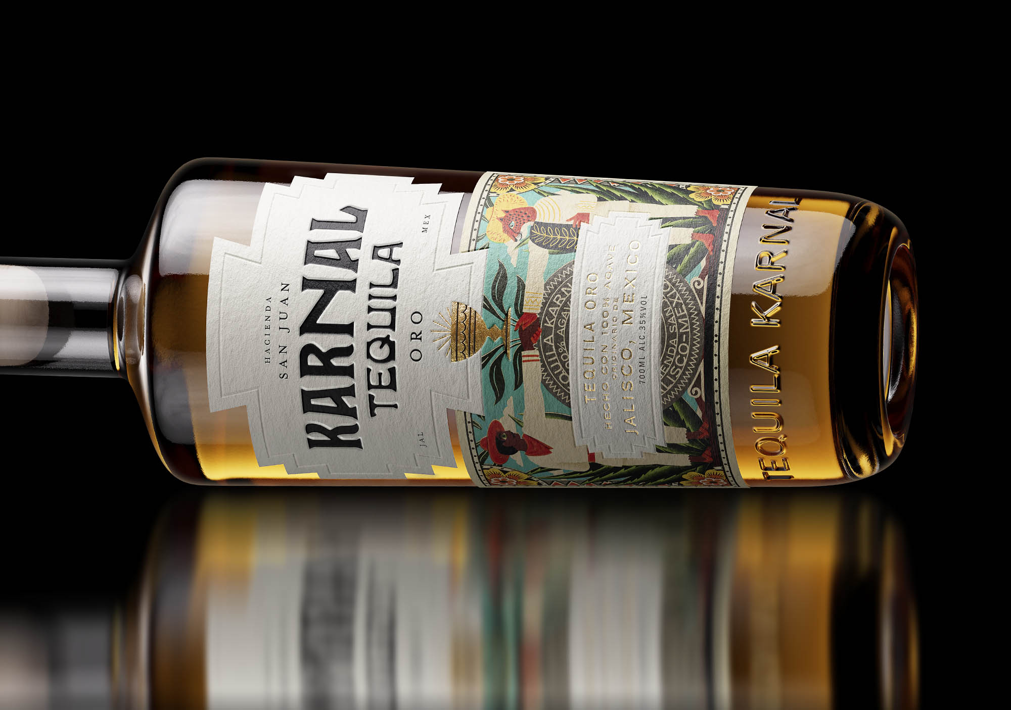 Close-up of Karnal Tequila label showing engraved artwork and vintage-style design created for premium spirits branding.