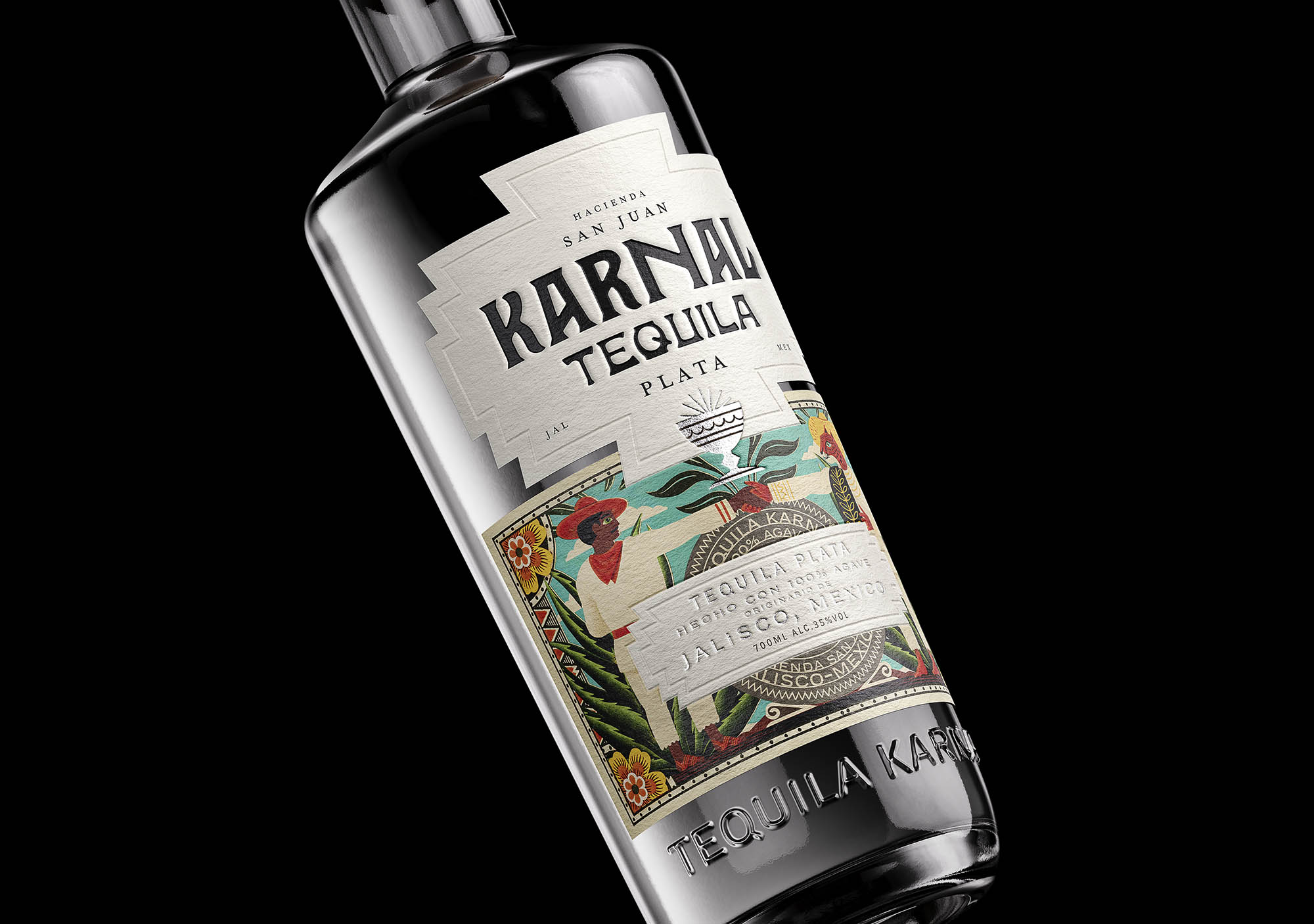 Angled image of Karnal Tequila bottle featuring custom packaging and label on black background.