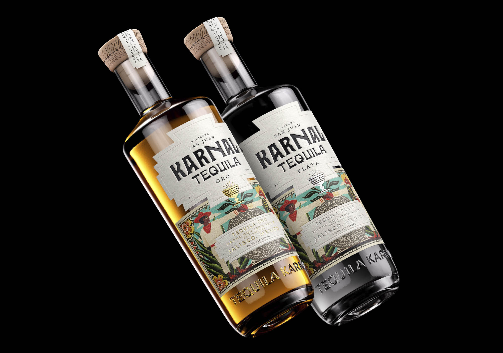 Front-facing image of Karnal Tequila bottle with custom label design on black background by a spirits packaging design studio.
