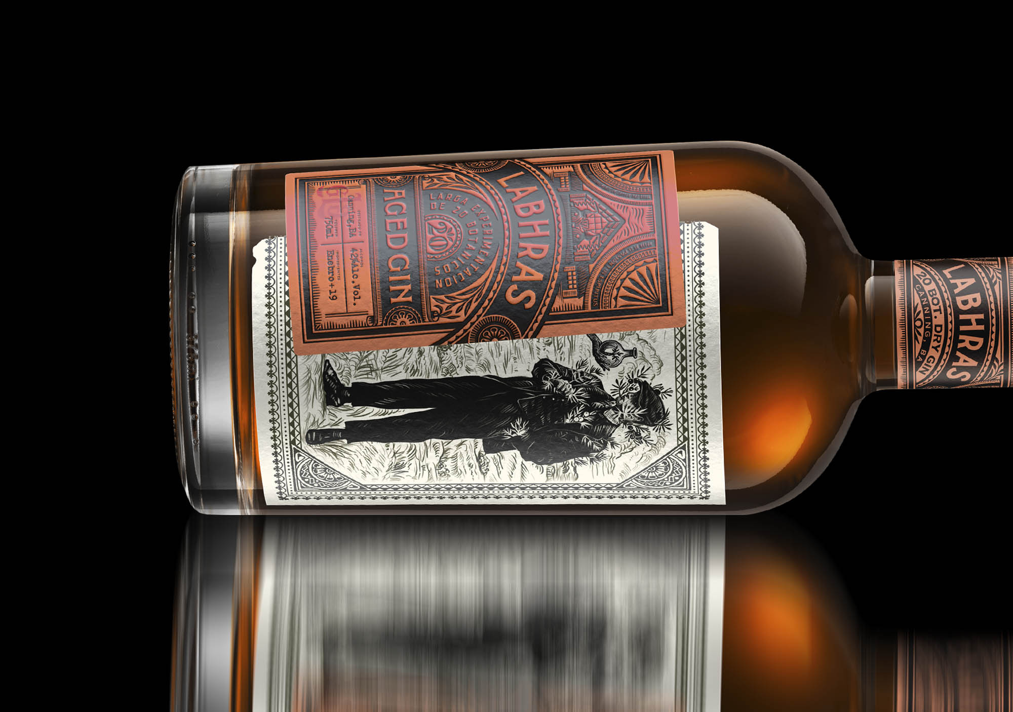 Close-up image of Labhras Gin label showing Irish-inspired design elements and custom typography for premium spirits branding.