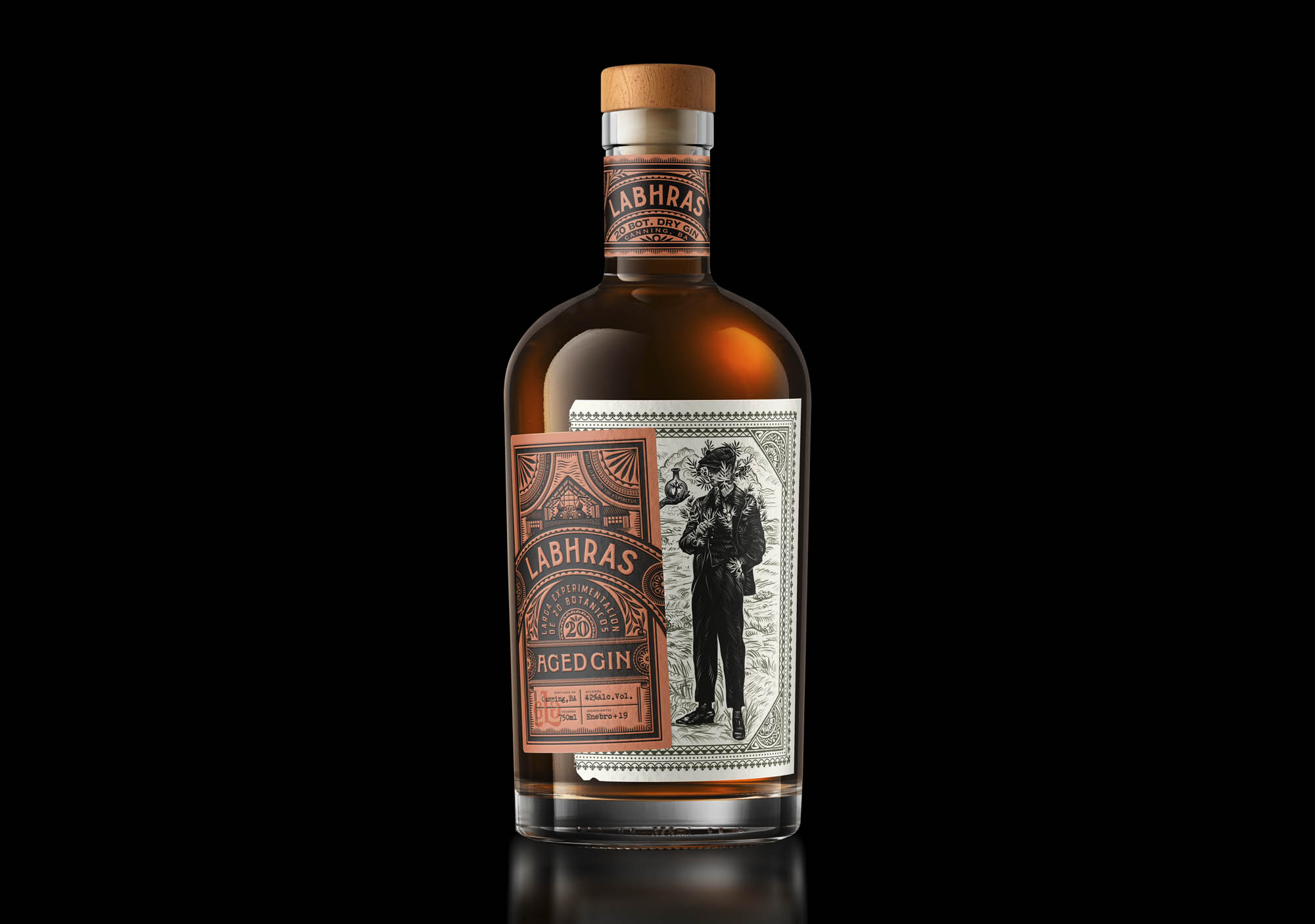 Front-facing image of Labhras Gin bottle with detailed label design on a black background, created by a wine and spirits packaging studio.