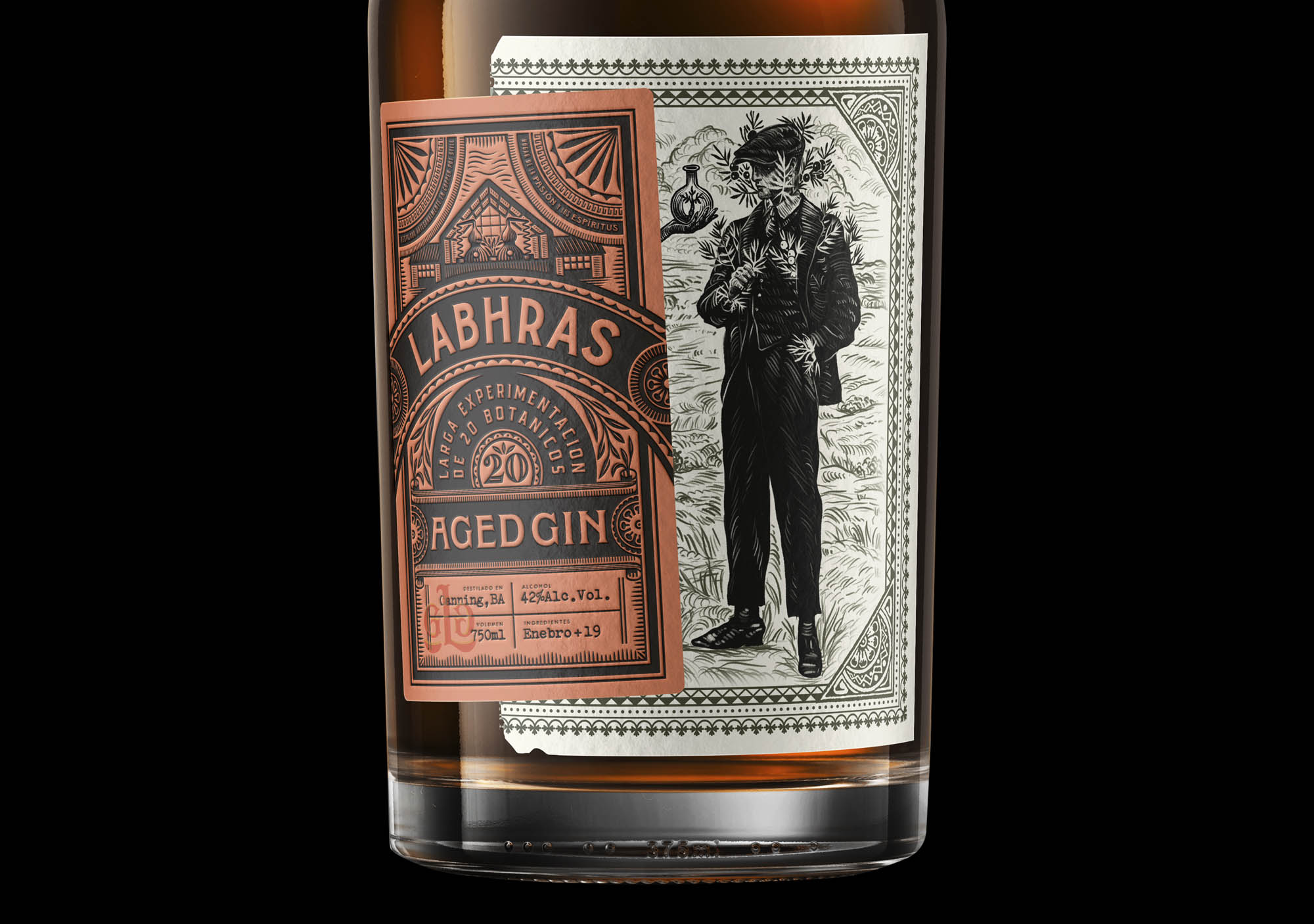 Full bottle of Labhras Gin on black background, showcasing custom label and packaging designed by an Argentine studio.