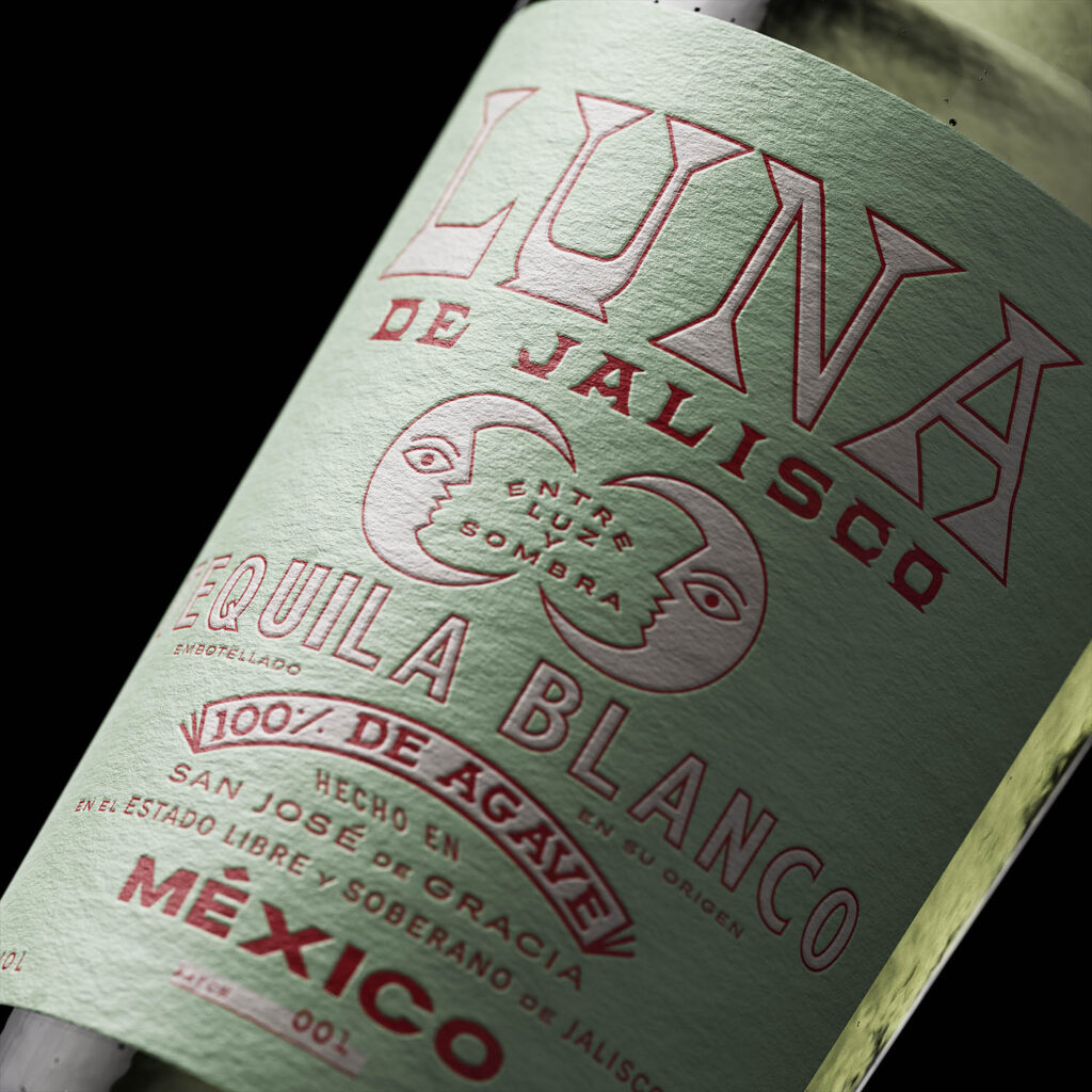 Luna de Jalisco premium tequila packaging design with minimalist retro-inspired label and handcrafted typography.